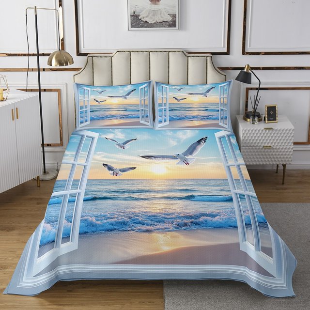 Erosebridal Adult Beach Coverlet Set Twin, Sea Bird Bedding Set, Ocean Print Decor 2 Pieces