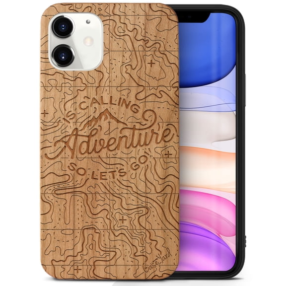 Case Yard Wooden Case Outside Soft TPU Silicone, Slim Fit Shockproof Wood Protective Phone Cover for Girls Boys Men and Women, Supports Wireless Charging Adventure Design case for iPhone-12-Mini