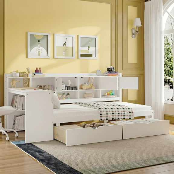 DRNANLIT Wooden Twin L-Shape Daybed with Seven Storage Cabinets and Two Storage Drawers, Multi-functional Bed with Study Desk and Built-in Bookshelf, White