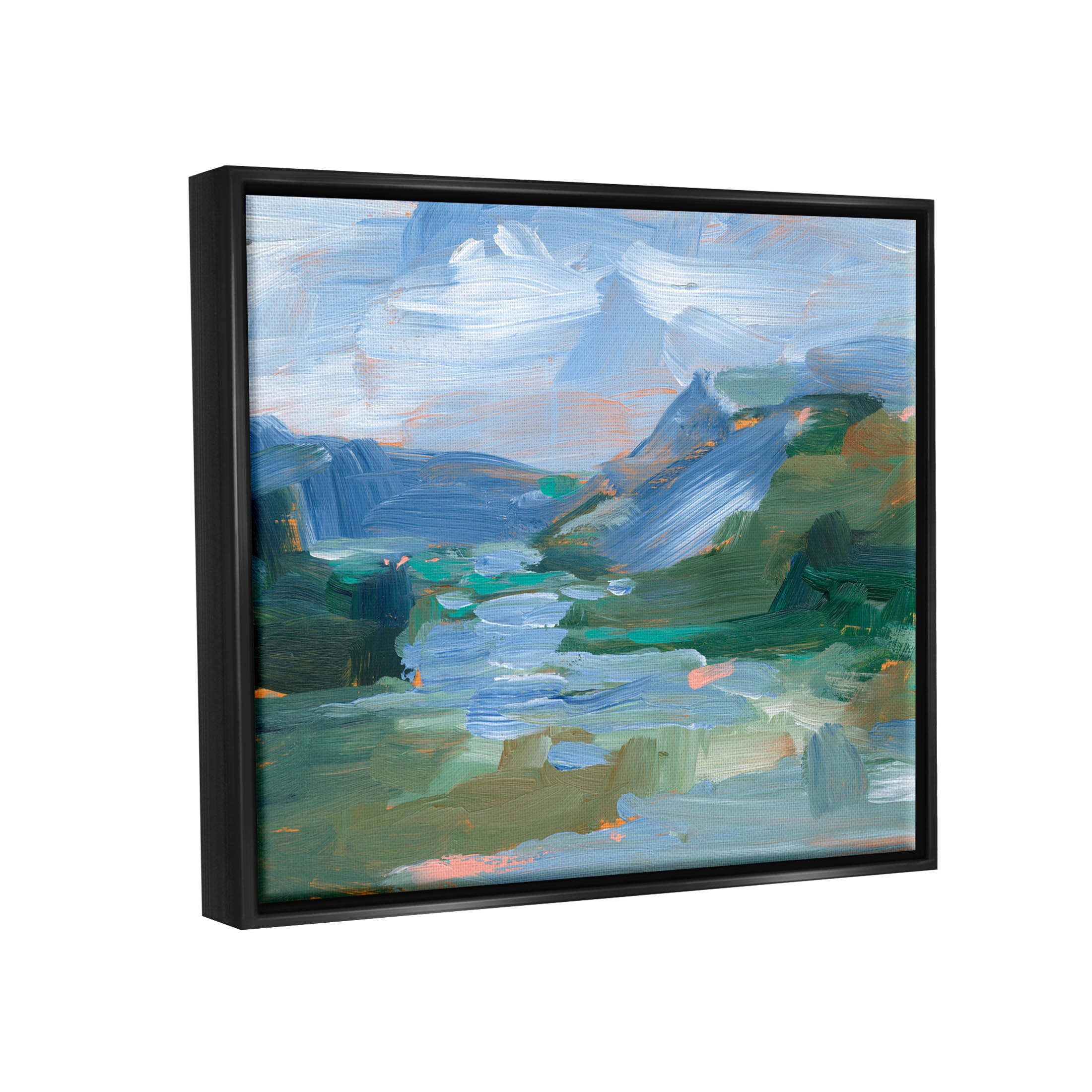 River Through Mountains Abstract Scene Landscape Painting Jet Black Framed Art Print Wall Art