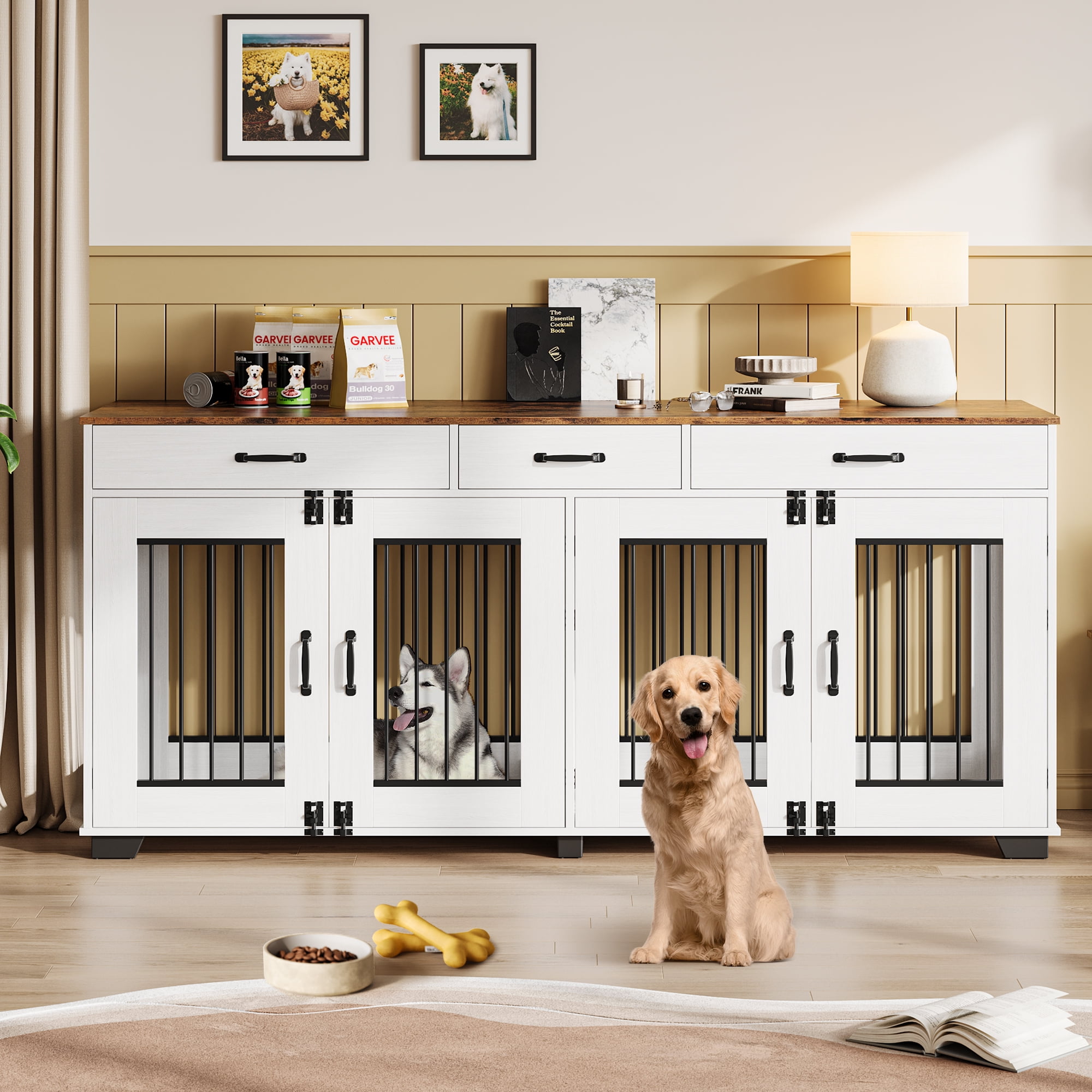 71-Inch Large Dog Crate with 3 Drawers for 2 Dogs, Spacious Wooden Indoor Kennel with Divider, Large Breed Dog Crate and TV Stand, Perfect for Medium Large Dogs