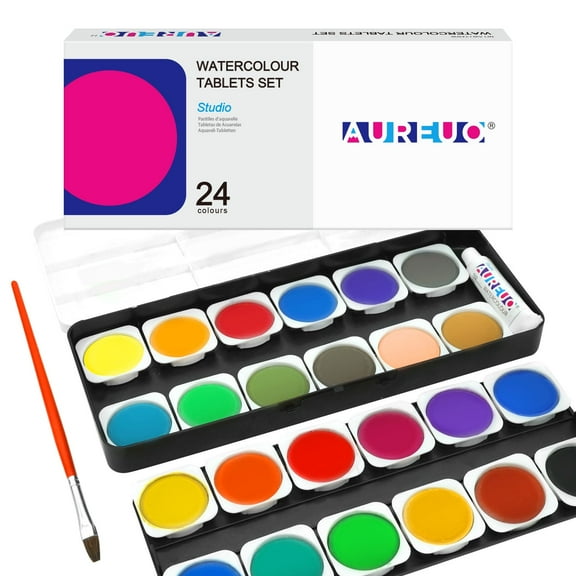 AUREUO Kids Watercolor Paint Set - 24 Colors Vibrant Watercolor Cakes with Plastic Palette & Paint Brush for Kids, Students, Beginners & Adults