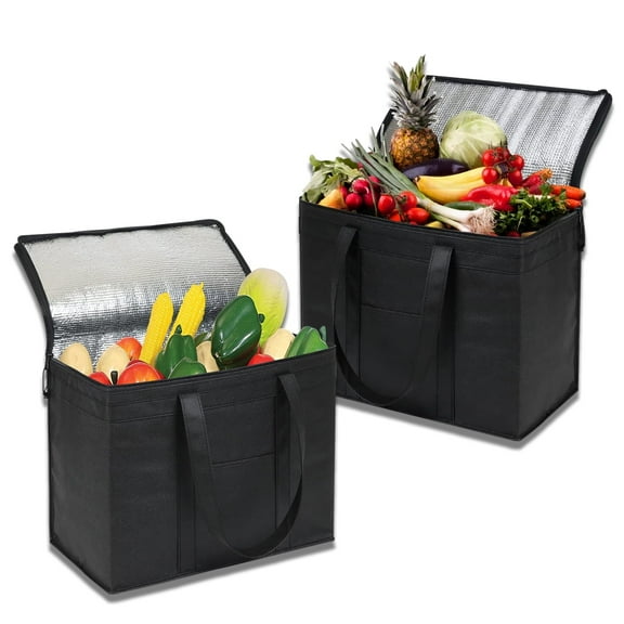 GLUAAE Insulated Grocery Bags (2-Pack) – Heavy Duty Zippered Cooler Totes for Hot/Cold Food – Foldable Reusable Shopping Bags (Black)