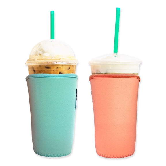 Baxendale and Co 2-Pack Medium (22-24oz) Reusable Neoprene Insulator Sleeve for Iced Coffee or Cold Beverage Cups (Mint & Peach SMOOTH)