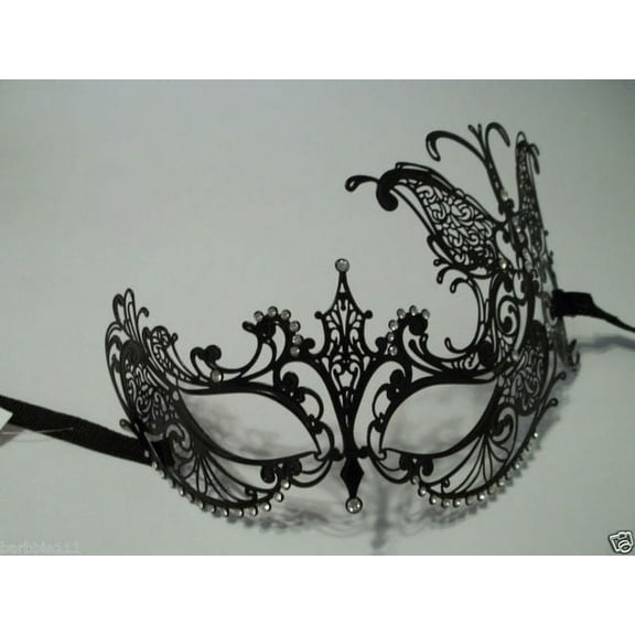 Black Crystal Butterfly Laser Cut Venetian Mask Masquerade Metal Filigree