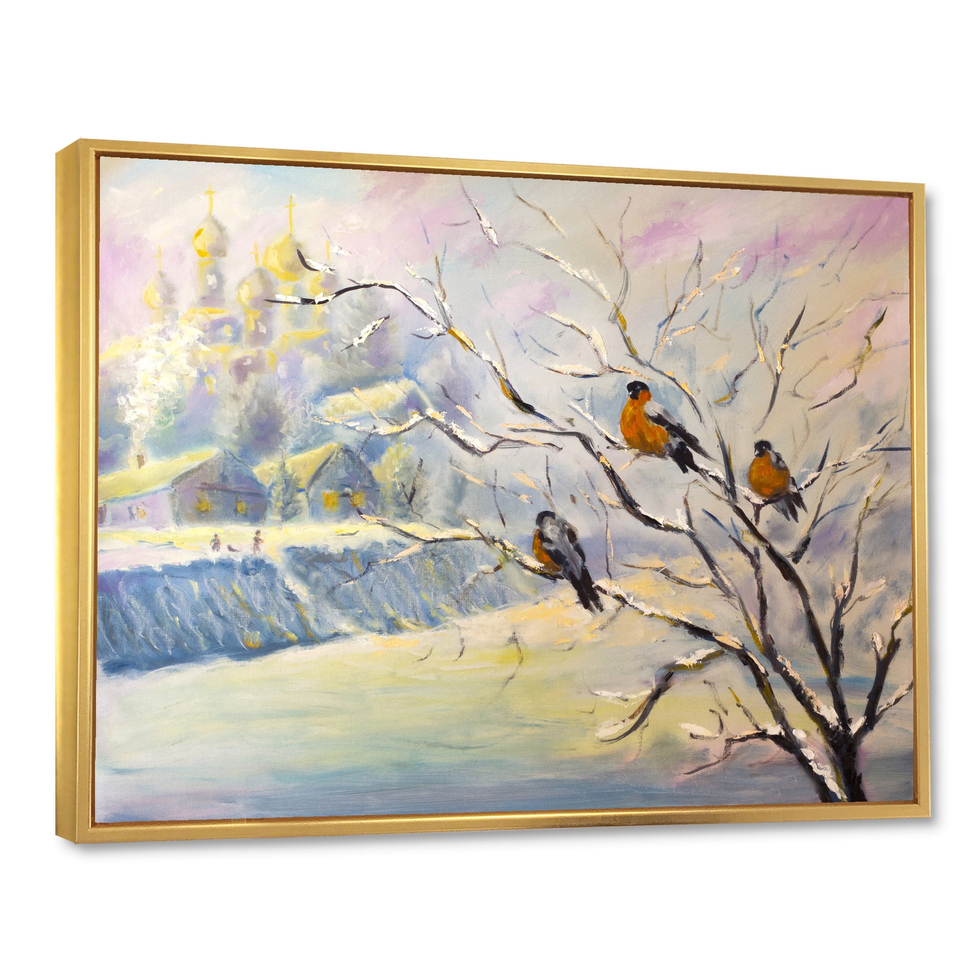 Designart 'Rustic Birds Sitting On A Tree In Winter Village' Farmhouse Framed Canvas Wall Art Print