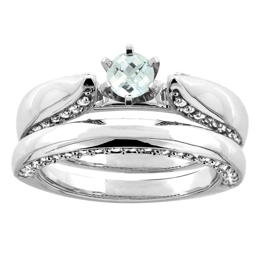 14K White Gold Natural Aquamarine 2-piece Bridal Ring Set Diamond Accents Round 5mm, size 5.5 by Gabriella Gold