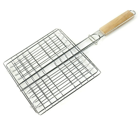 1 Pcs Barbecue Grilling Basket Wire Grid Rack Foldable Basket Roast Outdoor Wooden Handle Garden Barbecue Cooking Tool Chummist