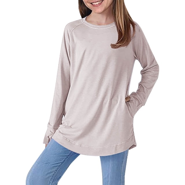 LWFFDAW Kids Girls Clothes Size 7-14 Loose Fit Round Neck Pullover Tops Raglan Long Sleeve Shirts Solid Color Basic Tees with Pockets Thumb Hole White for 12 Years
