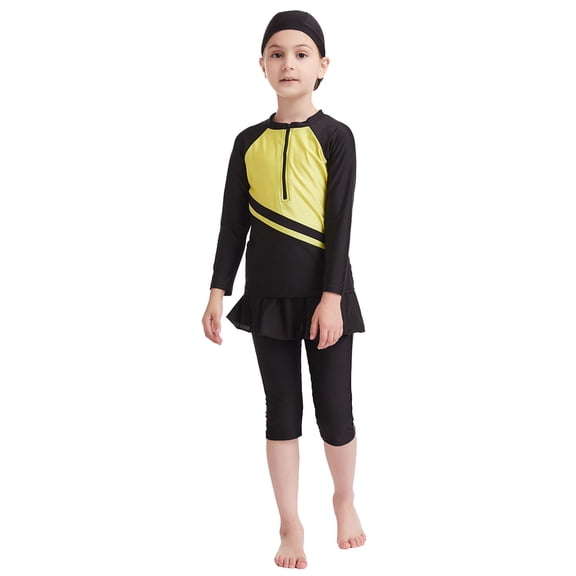 lnmuld Girls Full Coverage Long Sleeve Swim Dress with Skirt - Beachwear Color:Black,Size:14-15 Years