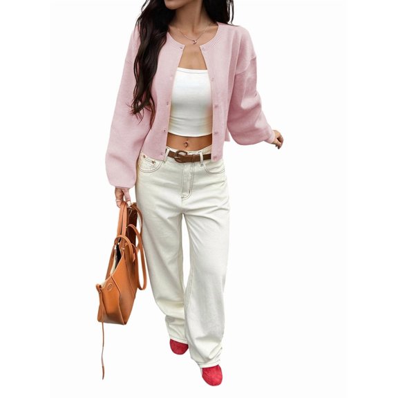 Women Button Up Cardigan Fall Trendy Crew Neck Long Sleeve Knit Cropped Sweater Jacket Pink S