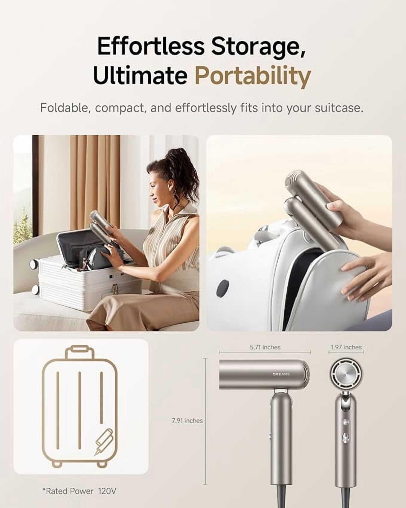 DREAME Pocket Pure High-Speed Hair Dryer, Lightweight Foldable Blow Dryer with 110,000 RPM Motor, Ionic Care, 5 Modes, Travel Bag, Quiet Fast Drying