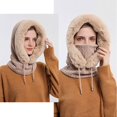 thumbnail image 3 of URMAGIC Winter Hats for Women, Warm Hooded Head Scarf Wrap Knitted Faux Fur Fleece Balaclava Hat with Drawstring Beige, 3 of 4