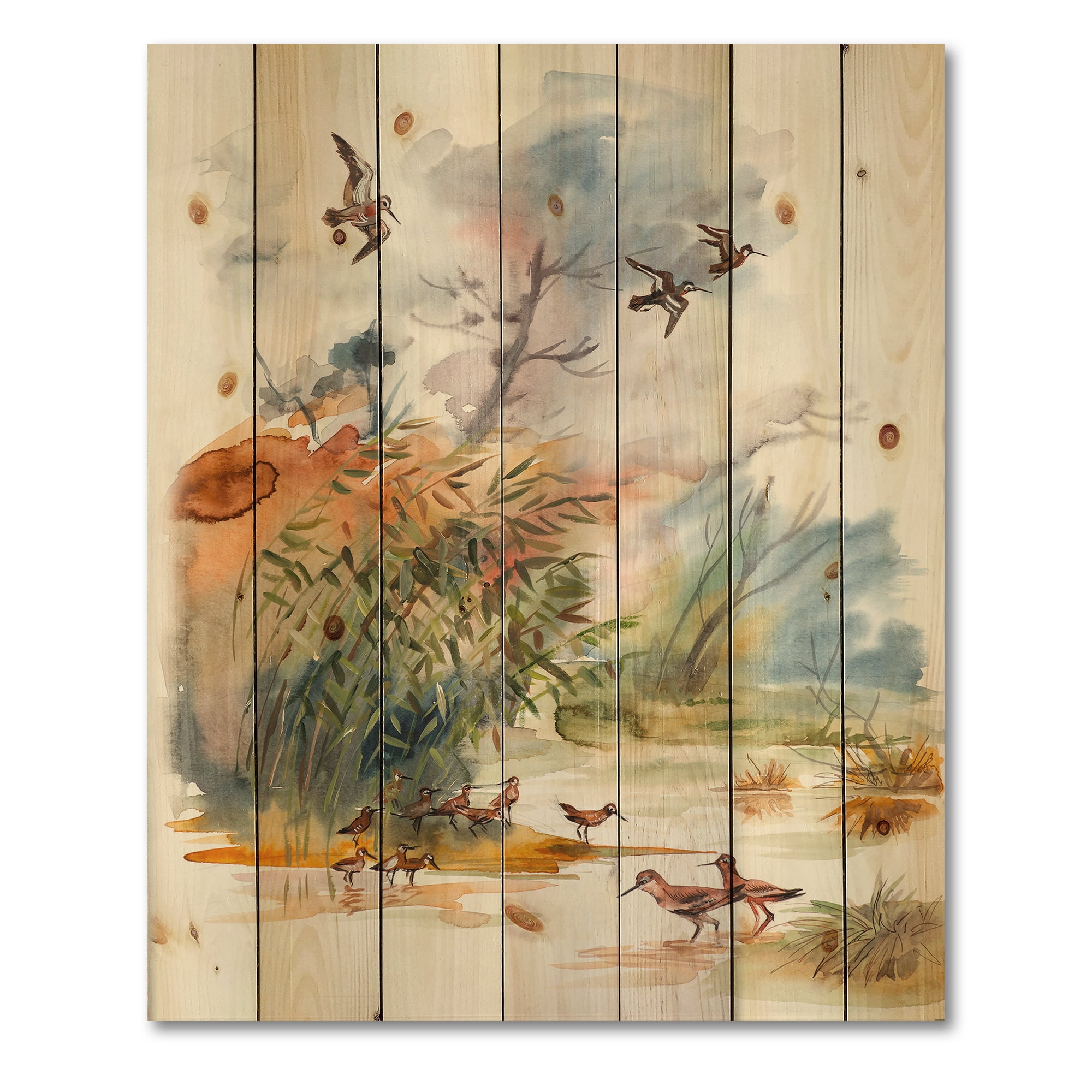 Designart 'Flying Over The Water With Autumn Landscape' Traditional Print on Natural Pine Wood