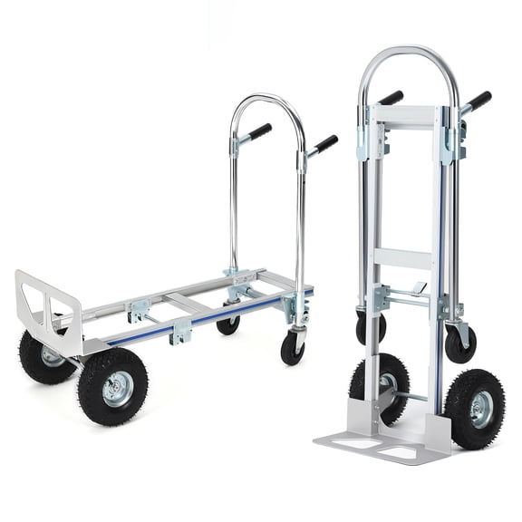 Heavy Duty Convertible Aluminum Utility Cart, 2-in-1 Folding Hand Truck & Flatbed Dolly with Large Wheels for Warehouse & Home