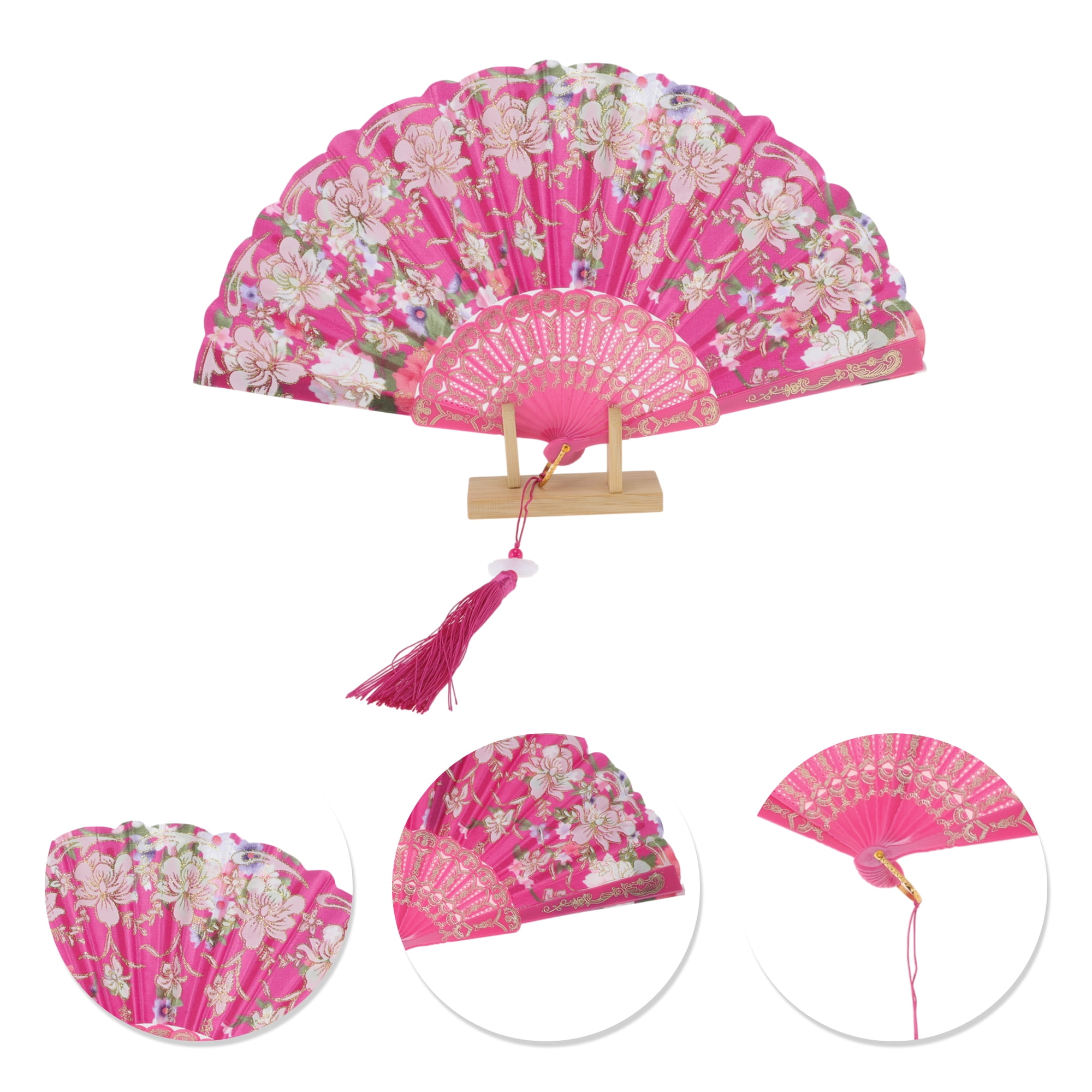 Unique Bargains Floral With Tassel Folding Fan 1Pc Rose Red