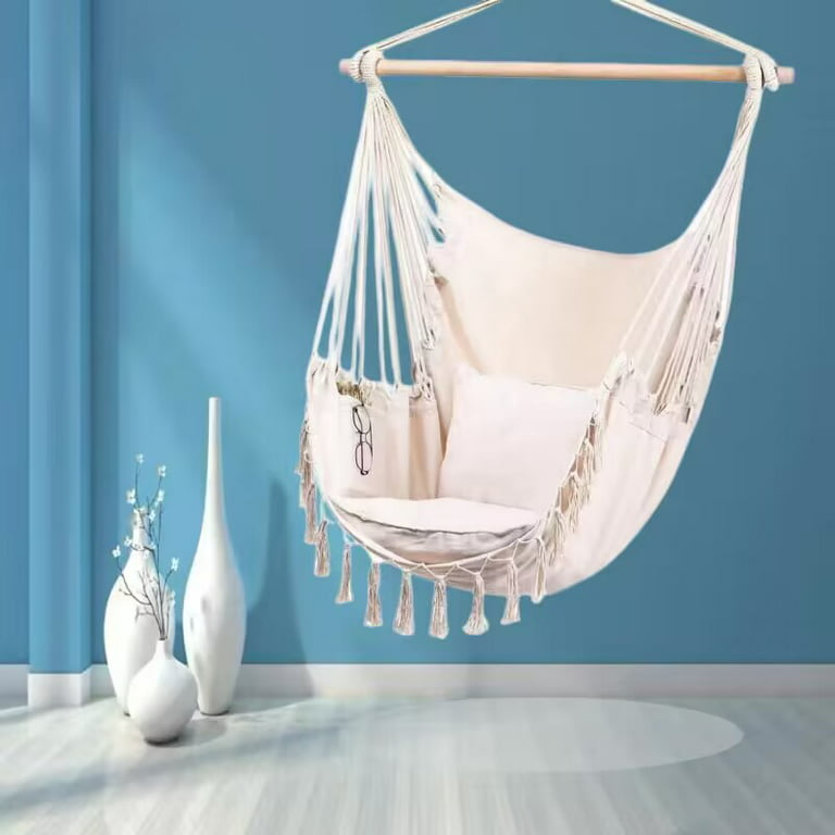 BesBuy Hammock Chair Hanging Rope Swing, Max 500 Lbs, 2 Cushions Included,  Large Macrame Hanging Chair with Pocket for Superior Comfort, with Hardware
