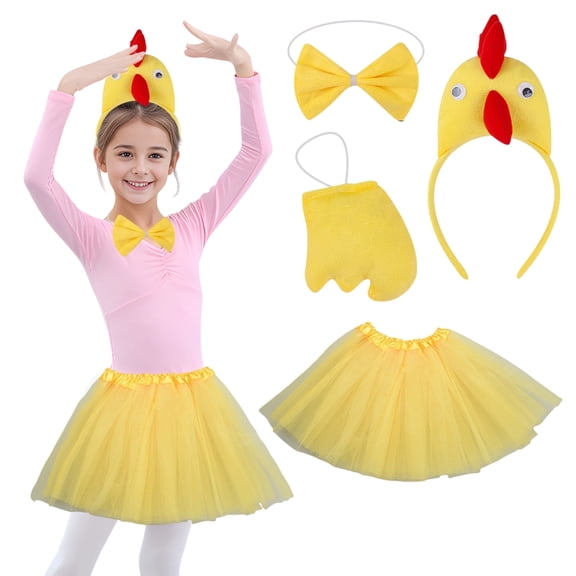 Alaiyaky 4Pcs Chicken Animal Costume Set 3D Chick Headband With Beak Bowtie Yellow Tutu Skirt Tail for Easter Halloween Christmas Cosplay Party