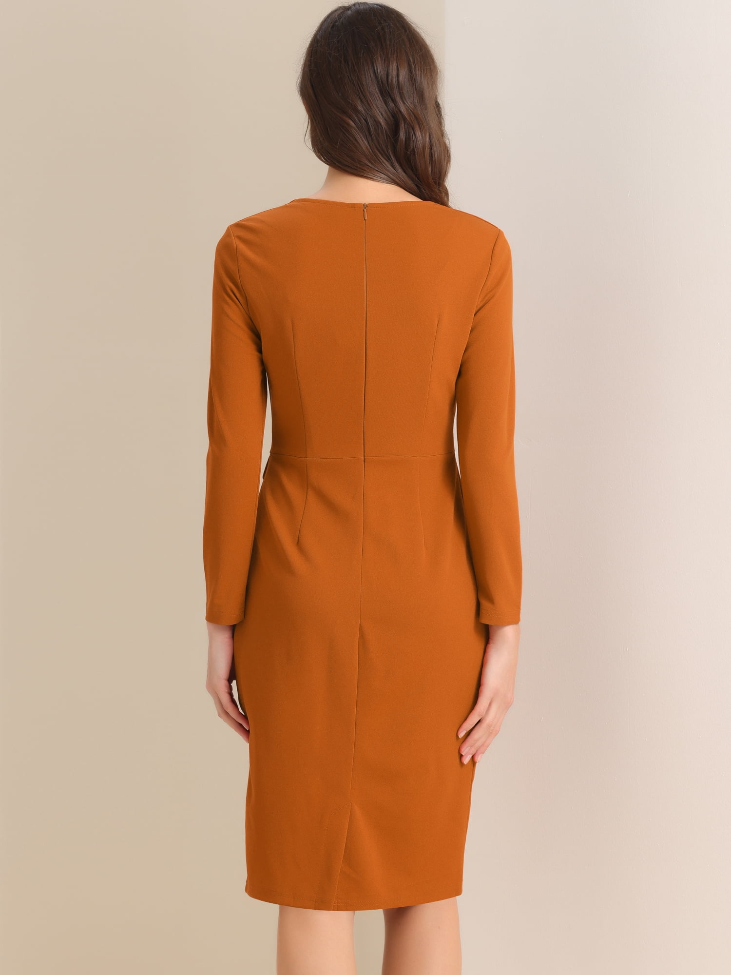 DARING DIVA Bodycon Round Neck 3/4 Sleeve Peplum Wear Sheath Dress L Caramel