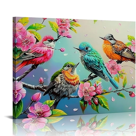 PRATYUS Canvas Wall Art Colorful Hummingbird Pictures Wall Decor Peach Flower Cherry Blossom Bird Landscape Painting Prints Modern Home Framed Artwork for Bedroom Living Room Office 20x16in