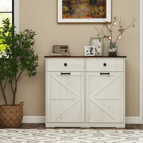 Double Tilt-Out Trash Cabinet with Hideaway Drawer, Farmhouse Style Free Standing Recycling Center Barn Door Design, for 20 Gallon Kitchen Trash Cans
