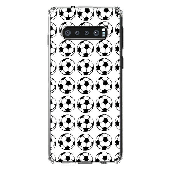 DistinctInk Clear Shockproof Hybrid Case for Samsung Galaxy S10 (6.1" Screen) - TPU Bumper, Acrylic Back, Tempered Glass Screen Protector - Soccer Balls Drawing