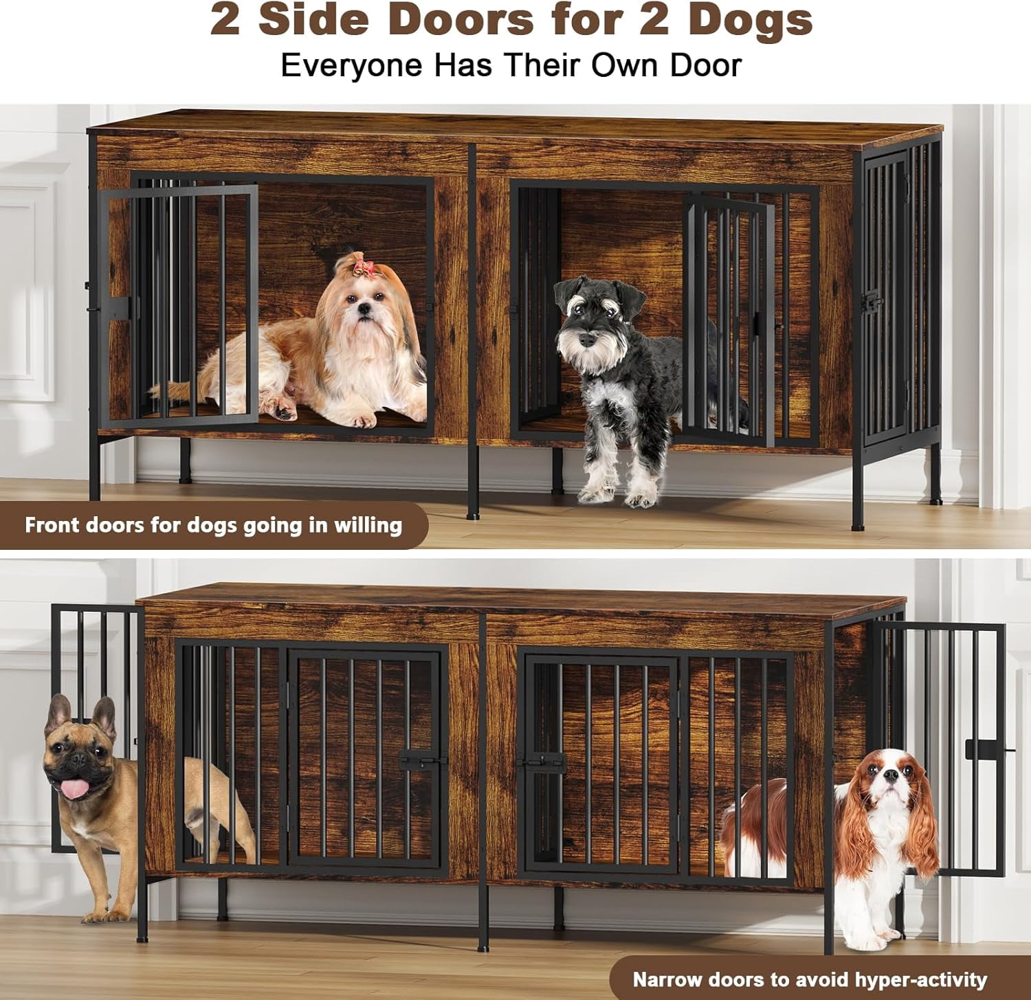 POAO 55.12" L Dog Crate Furniture for 2 Dogs, Heavy Duty Double Dog Crates for Small Dogs(0-20 Pounds), Dog Kennel Furniture Indoor as TV Stand,Brown