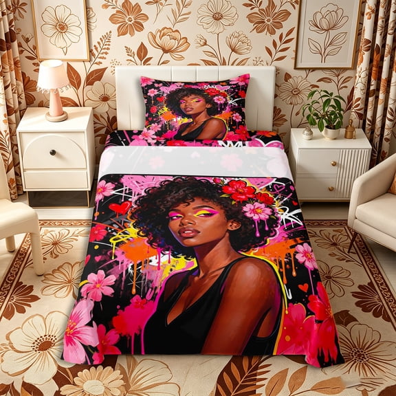 Castle Fairy Black Girl Chic Floral Twin Sheets 3pcs,Graffiti Splash Bedding,Pink Black,1 Fitted Sheet, 1 Flat Sheet and 1 Pillowcase