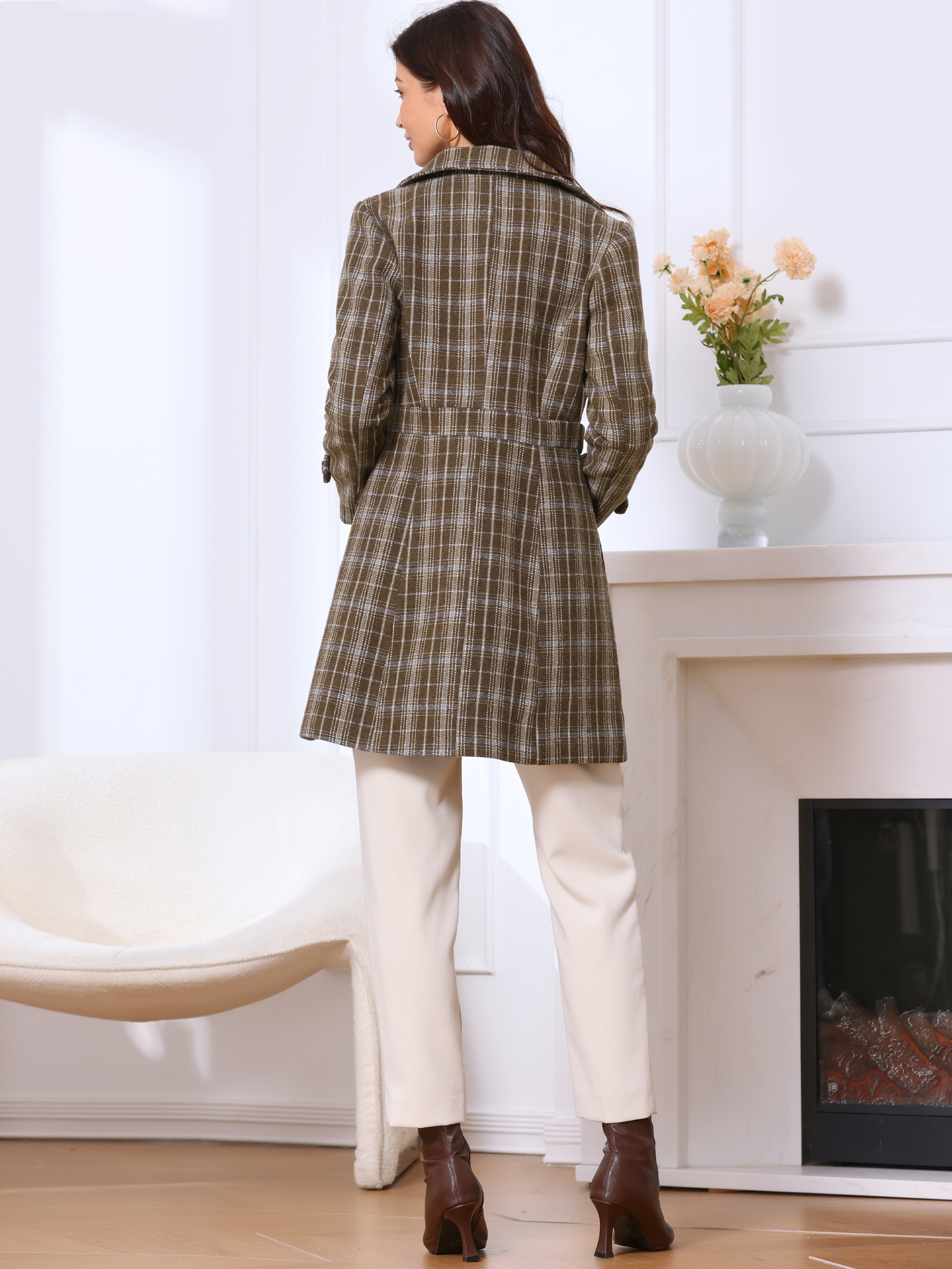DARING DIVA Women's Single Breasted Vintage Winter Overcoat Plaid Pea Coat S Coffee