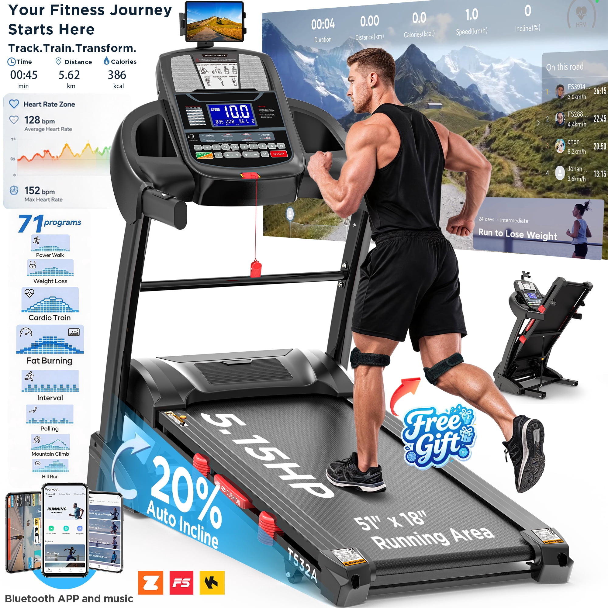 Upgraded 12MPH Treadmill for Home - Folding 5.15HP Brushless Treadmill with 20% Auto Incline & Handle Bar, Treadmill 300 lb Capacity, Electric Exercise Jogging walking treadmill with LED Display