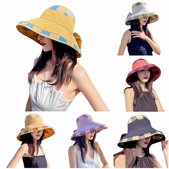 Lispipm Women Wide Brim Sun Hats Summer Beach Fishing Hat Ladies Plaid Cotton Foldable Cap Outdoor Travel Bucket Caps for Hiking Red