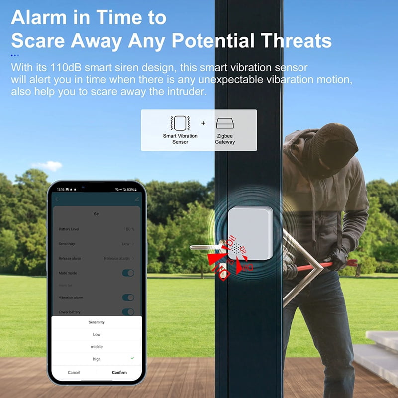 Tuya ZigBee Smart Vibration Sensor Wireless Glass Break/Drop/Tilt Detector Built-in Smart Siren Alarm for Home Security