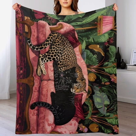 Flannel Throw Blanket Leopard Panther Tropical Jungle Print Soft Cozy Vintage Pink Couch Lightweight Fleece Blanket for Bed Sofa Camping Travel