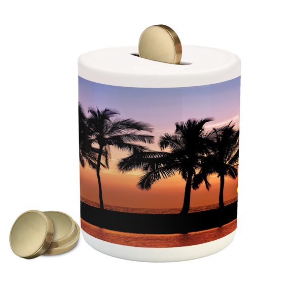Hawaiian Piggy Bank, Hawaiian Sunset on Big Island Anaehoomalu Bay Ocean Romantic Resort, Ceramic Coin Bank Money Box for Cash Saving, 3.6" X 3.2", Lilac Dark Orange Black, by Ambesonne