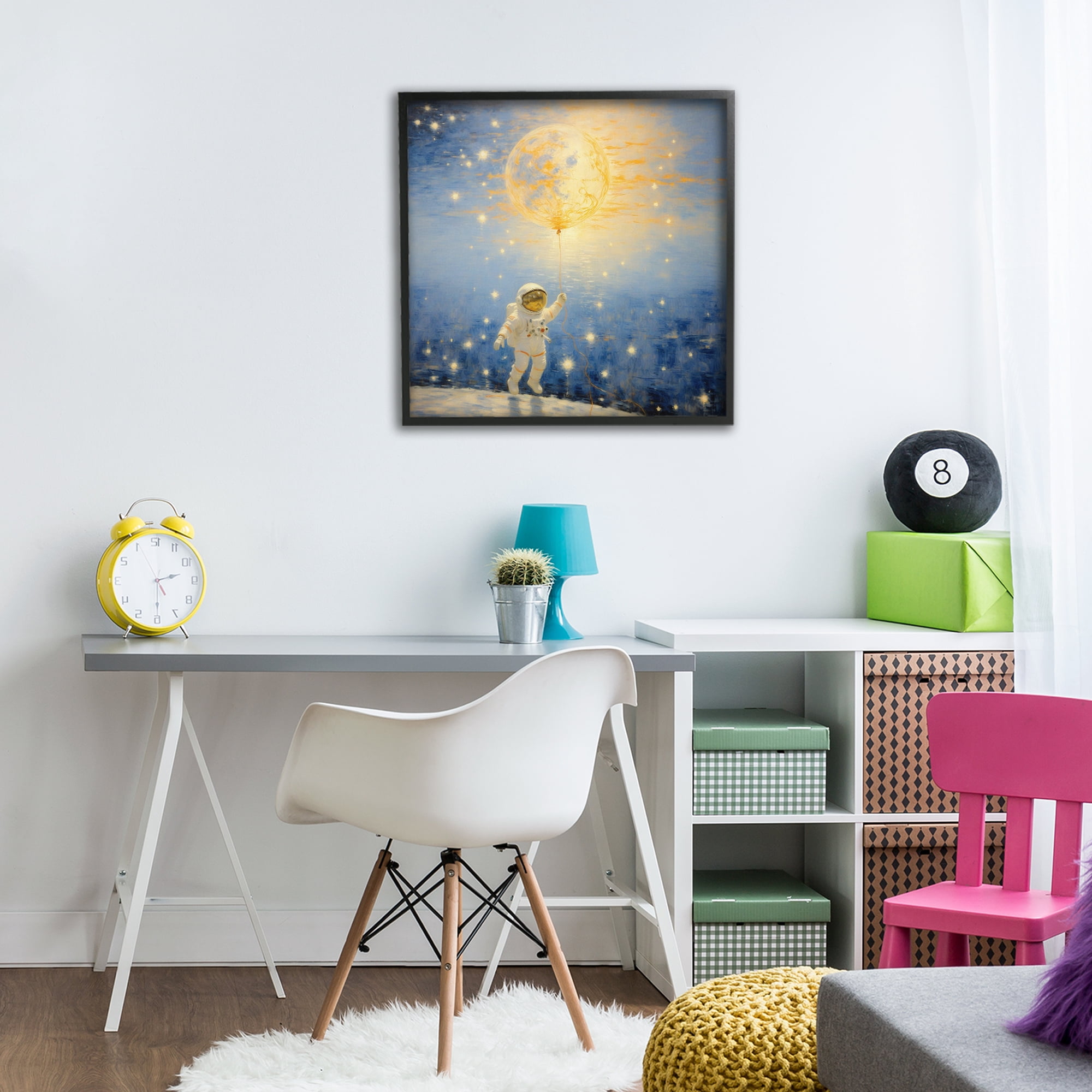 Astronaut with Dreamy Cosmic Balloon Black Framed Giclee Art, design by Angie Hawke