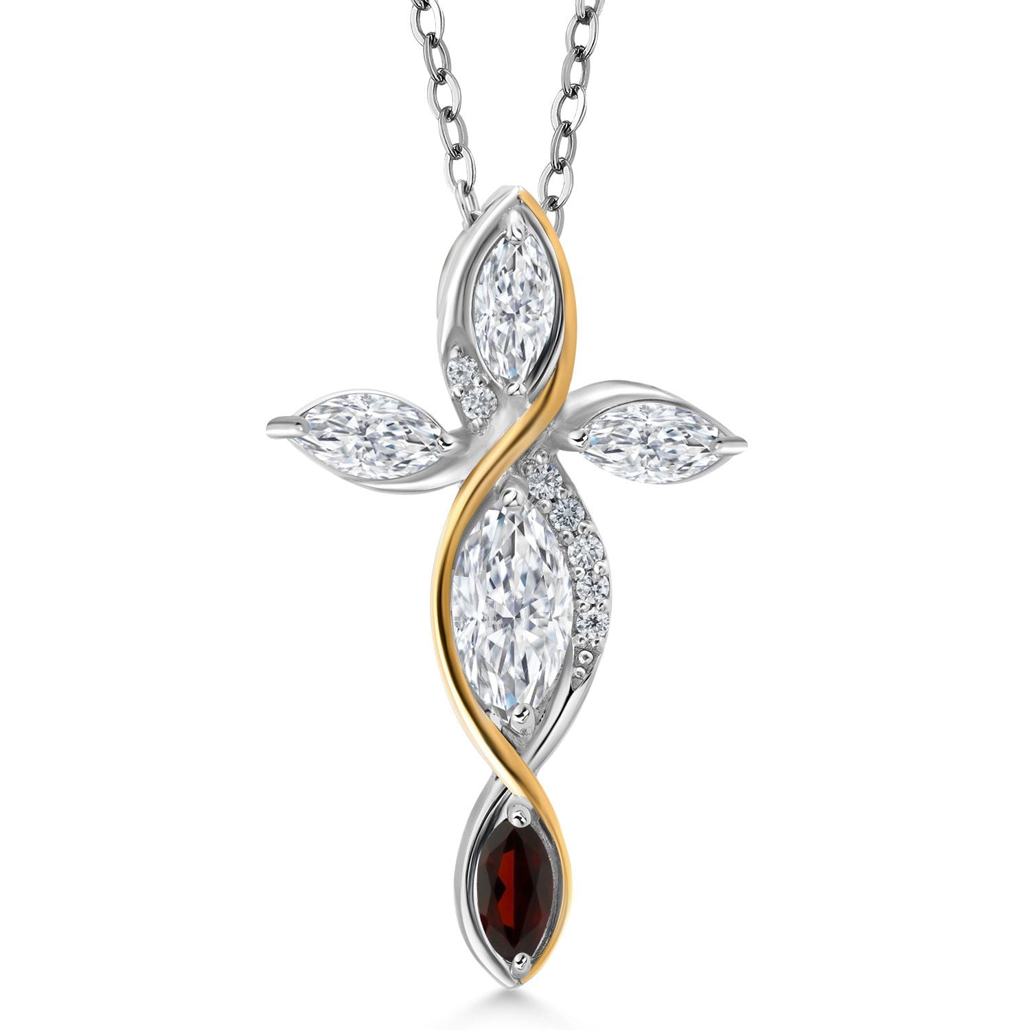Gem Stone King Cross Necklace for Women in 925 Silver and 10K Yellow Gold with White Moissanite and Red Garnet | 1.37 Cttw | Jesus Christian Religious Crucifix | Marquise 8X4MM | With 18 inch Chain