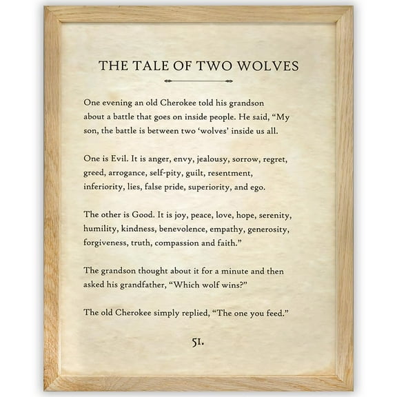 The Tale of Two Wolves Cherokee Poster - 11x14 Framed Native American Book Page Print - Great Motivational and Inspirational Gift for Home and Office Native American Decor for Home