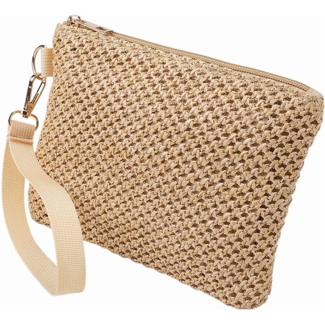 Bolsa de cosméticos tejida de paja beige, bolsos de playa de paja, bolsos de mano portátiles para vacaciones y viajes.