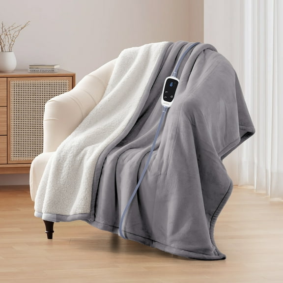 ThermaSnug Flannel to Sherpa Electric Heated Throw Blanket, 50"x60" Heating Throw Blanket, Adjustable Heat Settings, Extremely Soft and Comfortable, Machine Washable, Light Grey