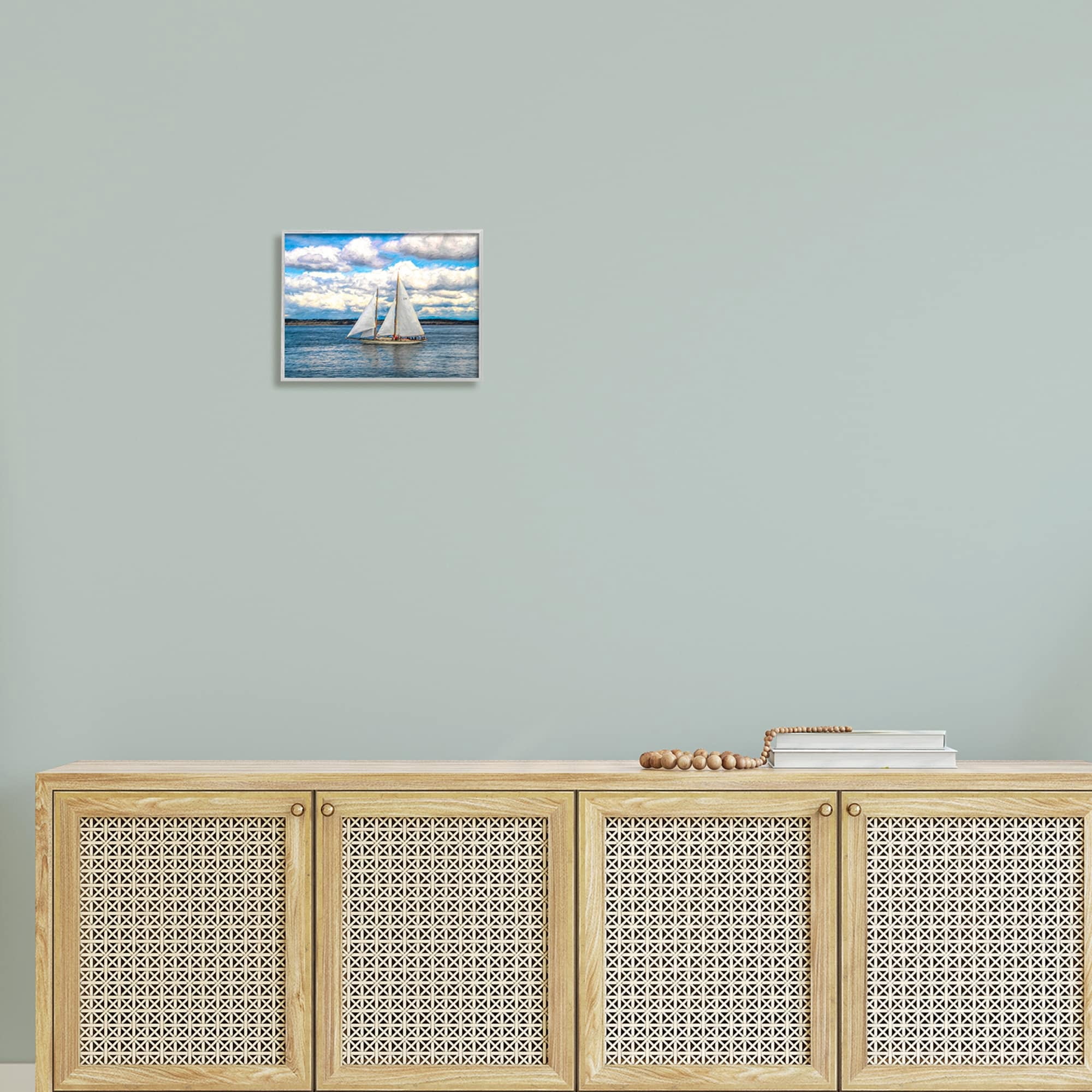 Stupell Industries Quaint Sailboat Floating Ocean Fluffy White Clouds Framed Wall Art, 14 x 11, Design by Nan