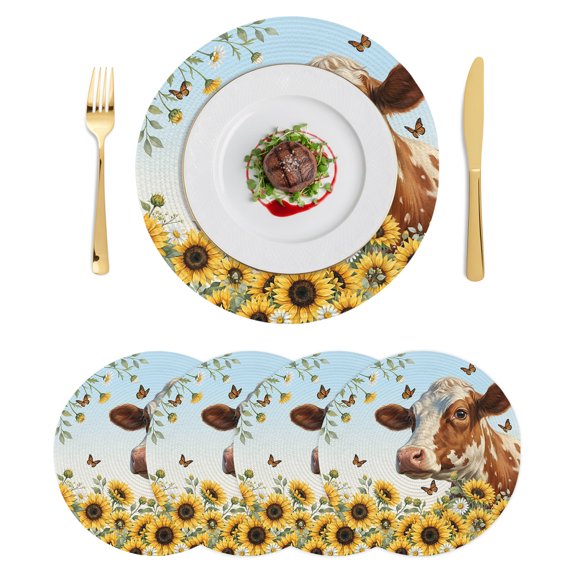 Round Placemats Farmhouse 15 inch Set of 4 Table Mats for Dining Table Floral Yellow Sunflower Butterfly Blue Heat Resistant Non-Slip Kitchen & Home Decorative Place Mat Set
