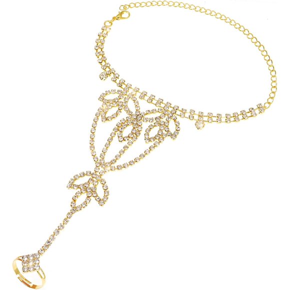 shiyou-Rhinestone Finger Ring Bracelet Crystal Hand Chain Ring Bracelets for Women
