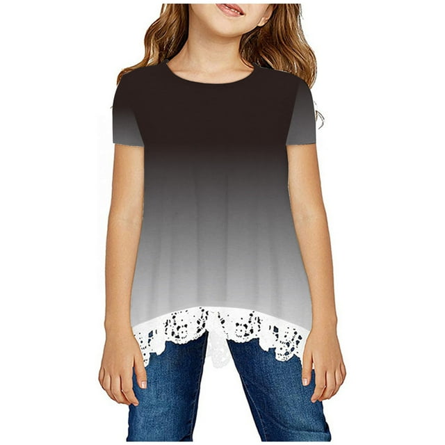 DPTALR Chemise Fille Col Rond Superposé Imprimé Floral Manches Courtes Mignon Blouse Enfants Tee Top en Dentelle