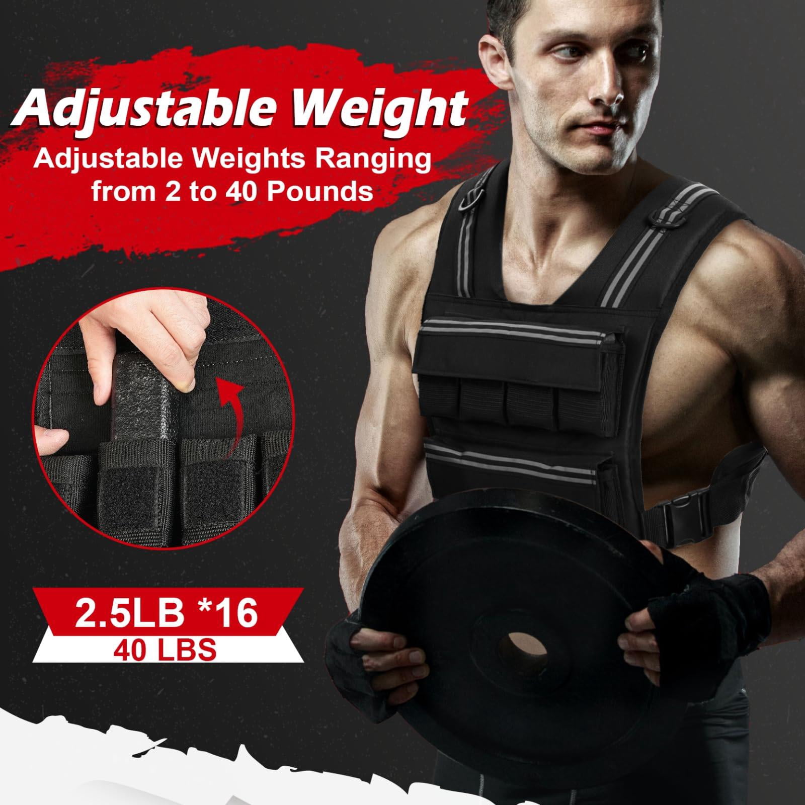 Black 40 LB Adjustable Weighted Vest for Strength Training, Running and Walking