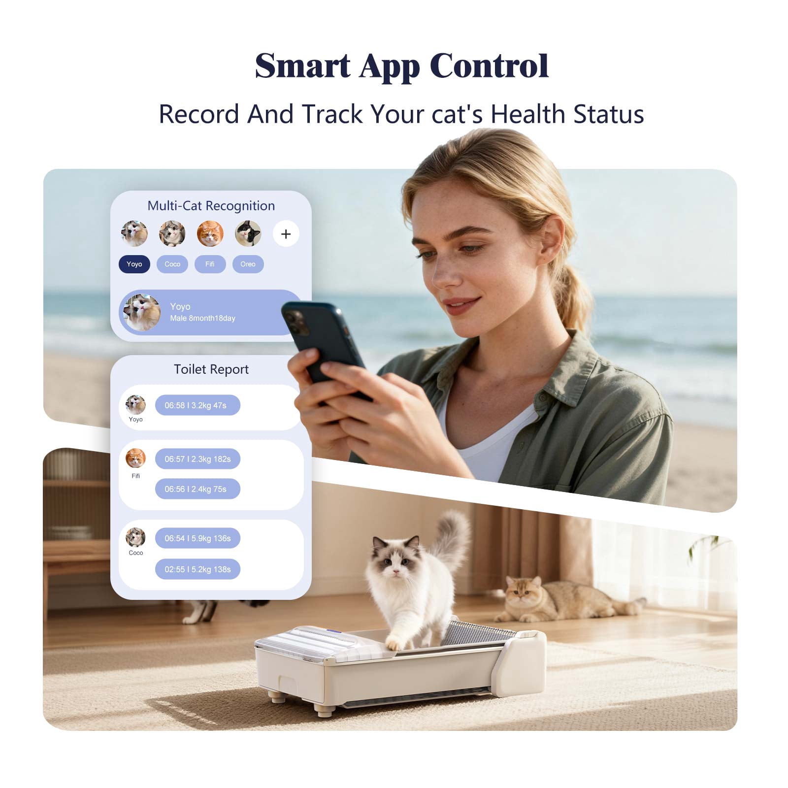 Robotail Extra Large Open-Top Self-Cleaning Cat Litter Box, Smart Tray for Multi-Cat, App Control & Health Monitor
