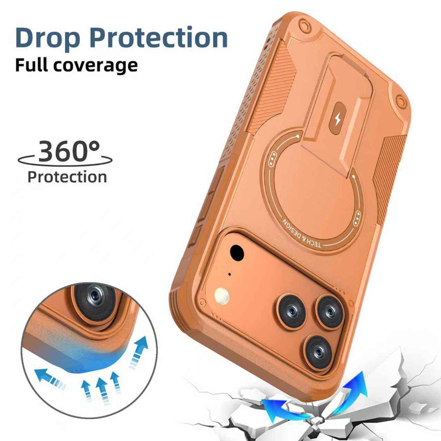 Durable Magnetic Kickstand Case for iPhone 17 Pro Max Shockproof Design - Orange