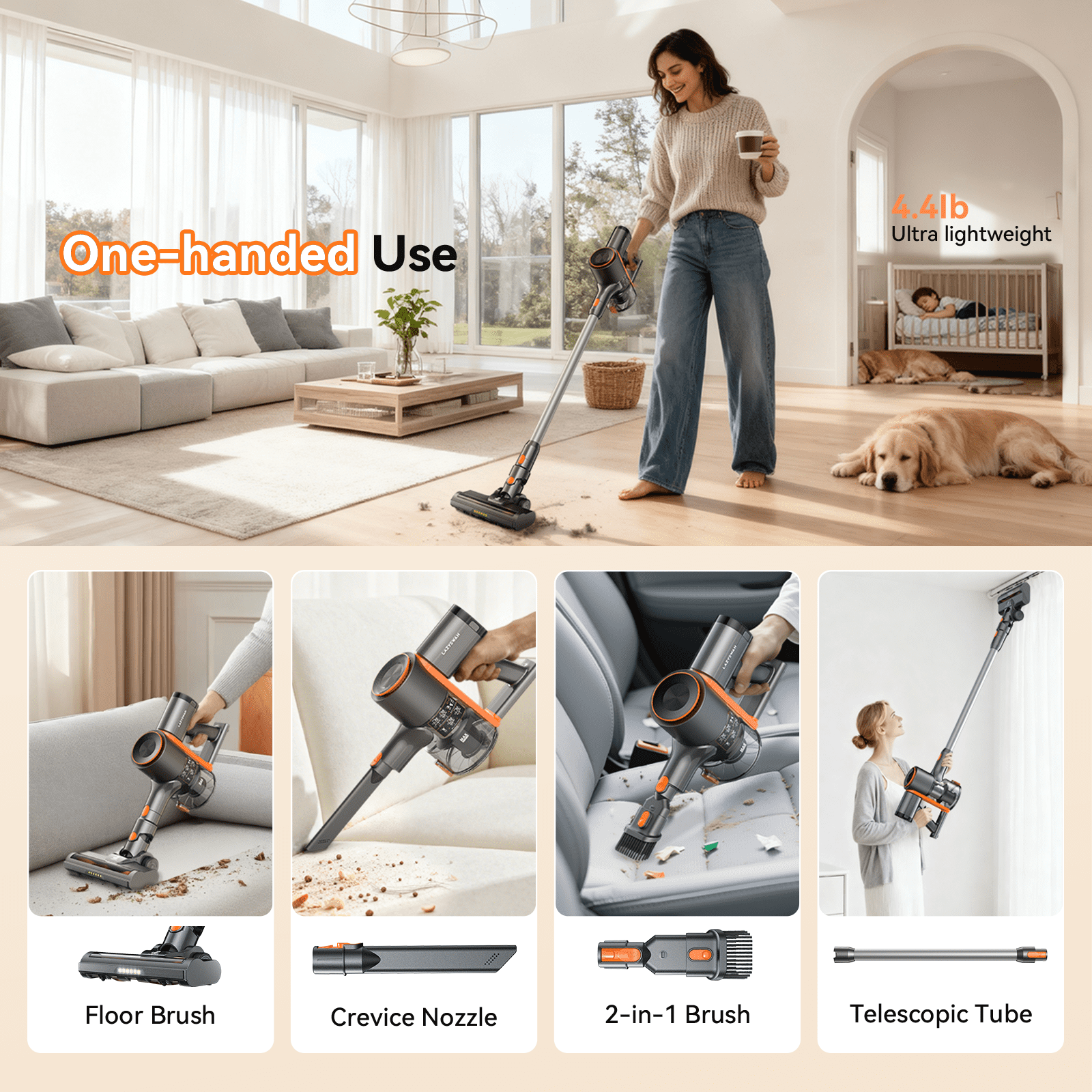 Lazyswan Cordless Vacuum Rechargeable Stick Vacuum Lightweight for Carpet Hardfloor Pet Hair Home, LS-S1