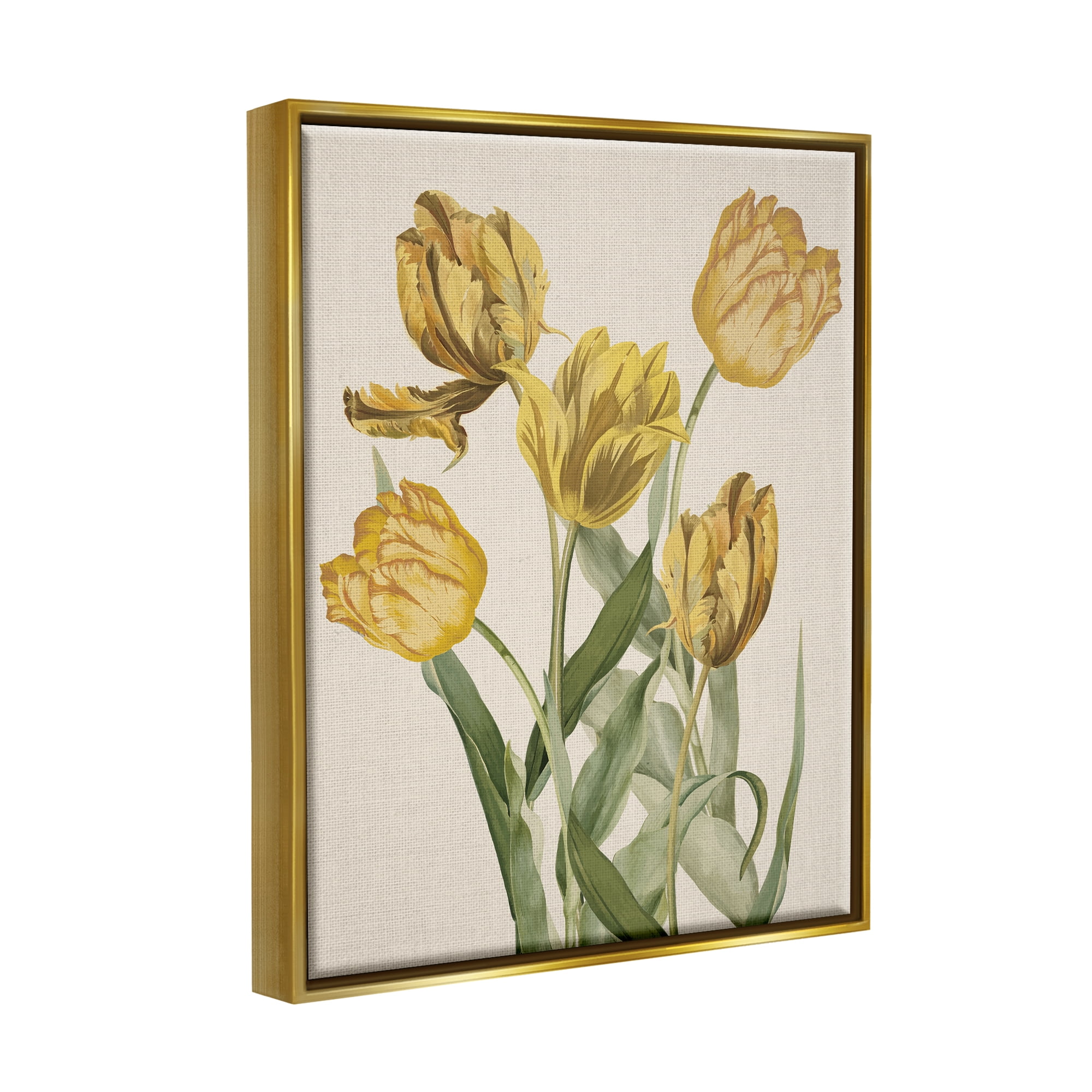 Stupell Industries Antique Yellow Tulips Botanical & Floral Painting Gold Floater Framed Canvas Art Print Wall Art, 17 x 21