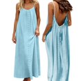 thumbnail image 6 of Summer Dress for Women Casual Sleeveless Backless Pleats Spaghetti Strap Dress Openwork Print Beach Vacation Dress(Sky Blue,M), 6 of 8
