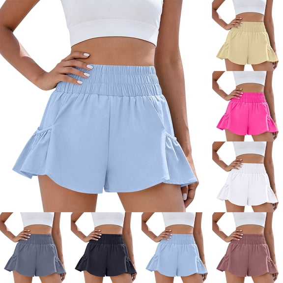 Women Flowy Athletic Shorts High Waisted Boho Ruffle Running Workout Shorts Smocked Shorts with Pockets, M